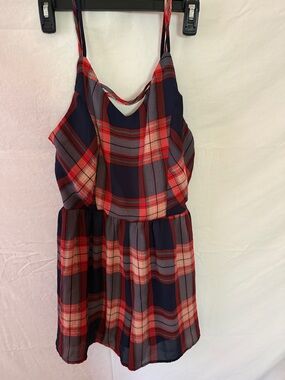 Copper Key Navy and Red Plaid Spaghetti Strap Romper